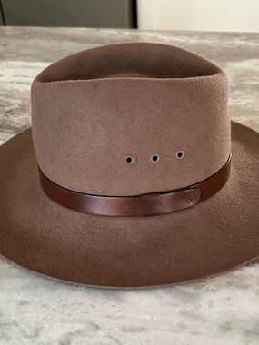100% Wool Brown Flat Brim Fall Hat with Leather Band - Made in USA